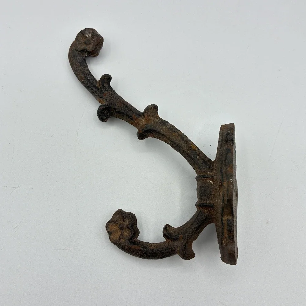 Antique Cast Iron Double Coat Hook Ornate Scrollwork Rustic Architectural